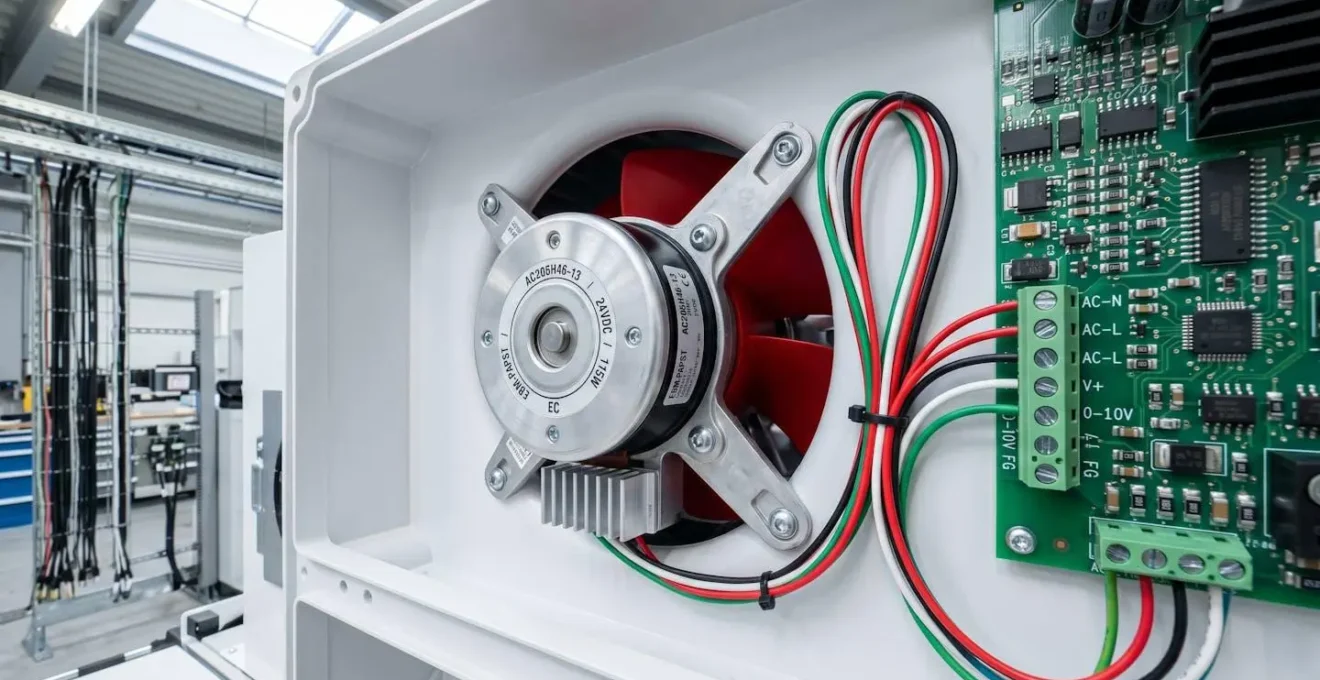 Gros plan sur un moteur EC moderne intégré dans un extracteur de VMC, design compact avec composants électroniques visibles, câblage propre
