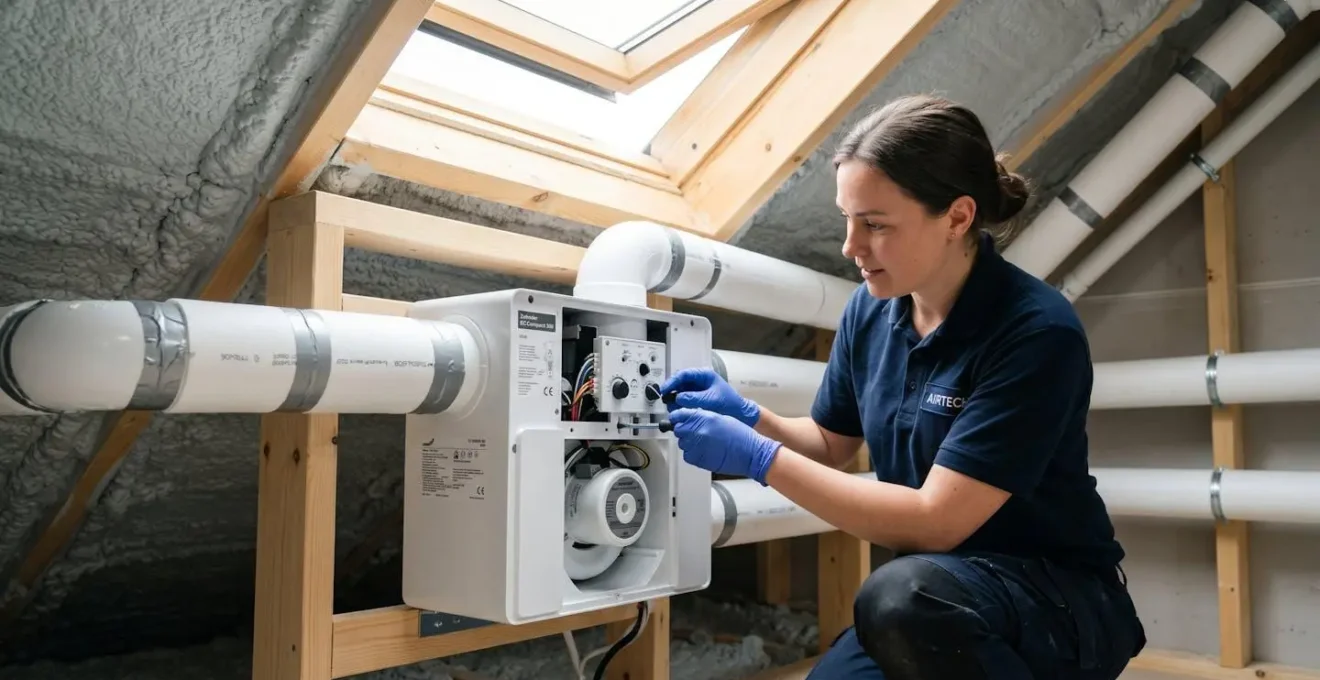Extracteur de VMC simple flux blanc compact à moteur EC installé dans des combles aménagés, gaines PVC isolées visibles, environnement propre et lumineux