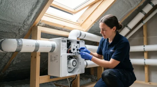 Extracteur de VMC simple flux blanc compact à moteur EC installé dans des combles aménagés, gaines PVC isolées visibles, environnement propre et lumineux