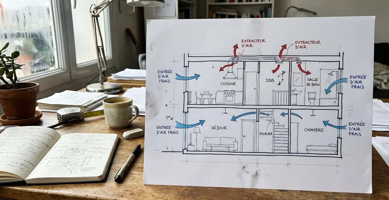 Schéma illustrant la circulation de l'air dans un logement avec VMC simple flux, flèches montrant l'extraction depuis les pièces humides et l'admission naturelle dans les pièces de vie